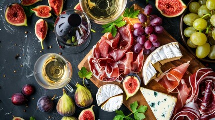 Antipasto plate with prosciutto, cheese, figs and grapes. Appetizer board and white wine. Top view flat lay 