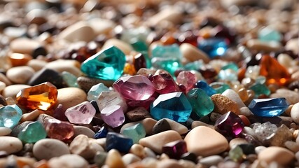 jewels found in beaches. Close-up of a pile of precious, semi-precious stones. Texture and background. Natural substance used in jewelry creation and interior design.