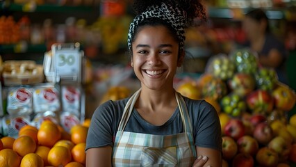 AIgenerated image of a joyful Hispanic shopper in a grocery store. Concept Grocery Shopping, Hispanic Shopper, AI Art, Joyful Expression, Colorful Background