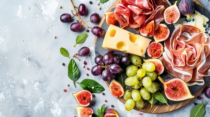 Antipasto plate with prosciutto, cheese, figs and grapes. Appetizer board. Top view flat lay