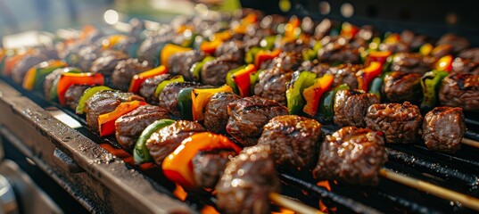 Delicious skewers cooking over open flame at picnic, grilled meat and veggies in outdoor bbq scene