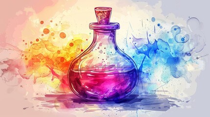 Fantasy elements: A mystical potion bottle, bubbling with colorful liquid