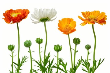 Fototapeta premium A Vibrant Collection Of Various Colorful Meadow Flowers Arranged on a White Background. Presenting unique shapes and colors, meticulously arranged to highlight their natural beauty.