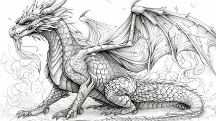 Fantasy elements: A whimsical dragon, ready to be colored in with scales and fiery breath