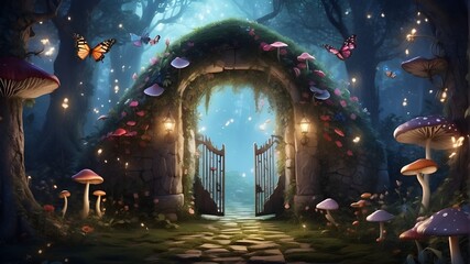 A fantastical, enchanted forest straight out of a fairy tale, complete with mushrooms, fairytale butterflies, a mysterious shine light outside the gate, and an opening secret entrance.