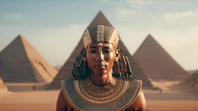 Close-up portrait of an Egyptian pharaoh in royal attire and his entourage. Ancient Egypt concept. Ai-generated.