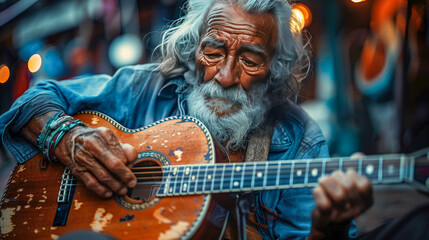 Obraz premium Portrait of an old man playing guitar in a street market