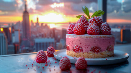 Delicious cake with fresh raspberries on the background of a beautiful sunset