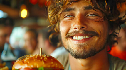Handsome man eating hamburger in a pub or restaurant