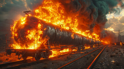 Freight train burning in the desert at sunset. Industrial disaster