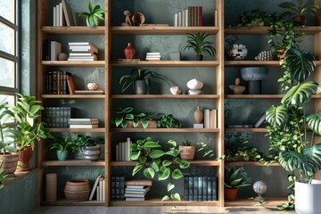 Stylish and neatly organized bookshelf with books, plants, and sculptures in a contemporary living space.