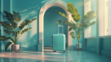 Back to travel concept with modern suitcase --ar 16:9 Job ID: c6831694-4ef7-49a3-befe-e4c70498b22d