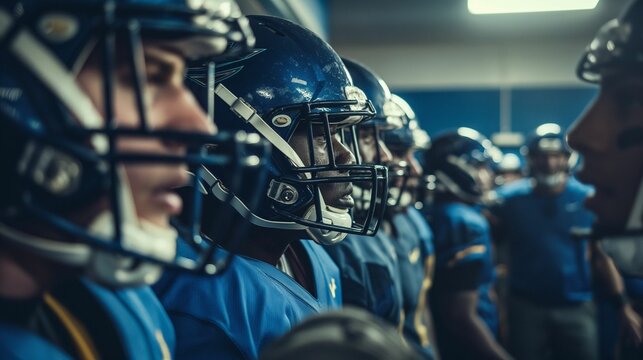 Intense Football Team Strategy Meeting, Locker Room Focus