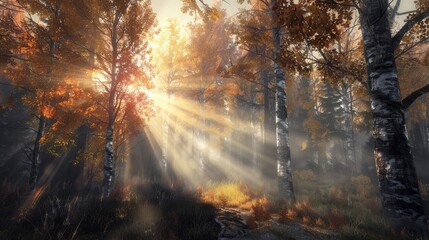 Fototapeta na wymiar sun beams in an autumn morning wood