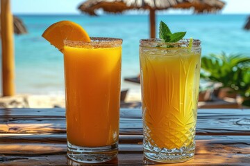 Obraz premium Two glasses of fresh orange juice with a sea view from the beach bar