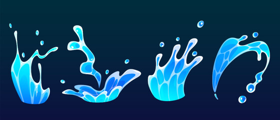 Water splash, drop and cartoon sea wave flow icon. Liquid swirl and blue spray effect 2d abstract motion design clipart. Isolated aqua energy stream and fluid ripple game animation png element set. - obrazy, fototapety, plakaty