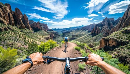Cyclist conquering mountainous road with unique landscape view, showcasing deep ravines - obrazy, fototapety, plakaty