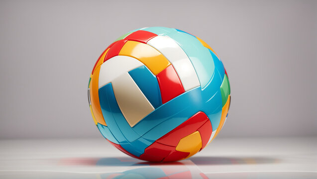 A multi-colored volleyball sits on a white surface against a grey background.

