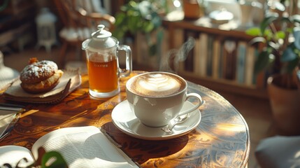 A white coffee cup with a white saucer sits on a table next to a book