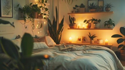 Cozy bedroom with a white wall, bed, shelving unit, burning candles, and houseplants. - obrazy, fototapety, plakaty