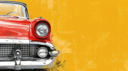 A vintage red car is shown on a yellow background