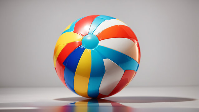 A multi-colored volleyball sits on a white surface against a grey background.

