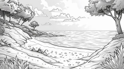 Nature scenes Coloring Book: A simple outline of a sunlit beach