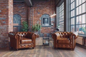 Brown leather armchairs in a rustic brick loft interior evoke cozy comfort and industrial chic style.
