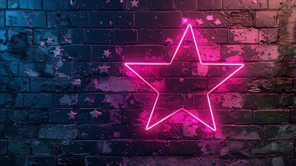 Glowing pink neon star on grunge brick wall with blue and purple highlights, in retro futurism style, conveys a sense of nostalgia and hope.