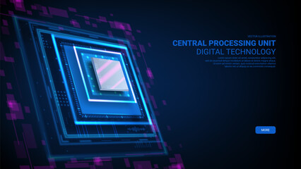 Futuristic banner with digital computer chip. Semiconductor technology concept. Modern vector illustration of CPU isolated on dark background. Digital chip with HUD elements.