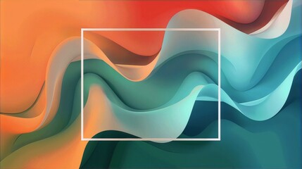 3D rendering of teal and orange abstract waves with a white frame, conveying a sense of tranquility and balance, suitable for contemporary interior design projects.