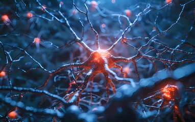 Stimulation or nervous activity of the human brain with close-up 3D rendering illustration of neuron cells.