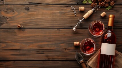 Flat lay composition with bottle of wine, glasses and corkscrew on wooden background, copy space 