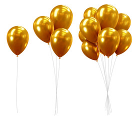 Set of 3d realistic golden glossy holiday balloons. Luxury inflatable shiny gold balloons flying in the air, decorations for birthday or other gala events. Vector illustration