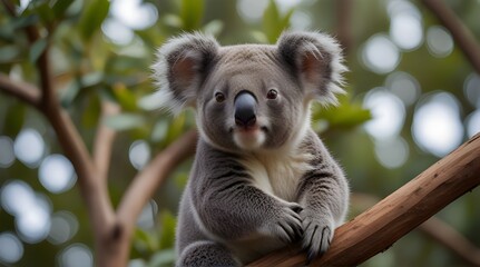 Fototapeta premium Cute and lazy gray Australian koala bear lying on the eucalyptus tree branch, wildlife photography, exotic animal .generative.ai