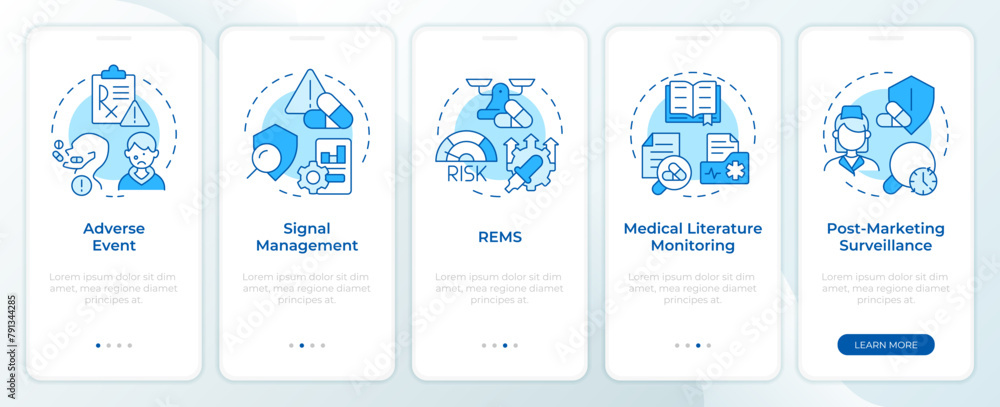 Wall mural pharmacovigilance blue onboarding mobile app screen. walkthrough 5 steps editable graphic instructio