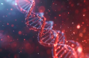 Dynamic Genetic Journey: Close-Up 3D Rendering of Double Helix DNA on Red and Blue Background, Highlighting Ethereal Energy and Movement
