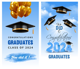 Invitation and congratulations graduates banners, graduate ceremony. Greeting cards with 3d black academic caps and golden balloons on blue sky background with clouds. Vector illustration