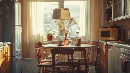Soviet interior of the 60s in retro style with warm sunlight through the window