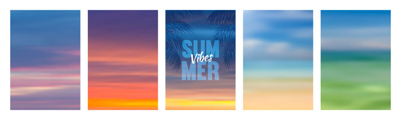 Set of summer soft blurred backgrounds for poster, banner, etc in minimal trendy style. Tranquil sea landscape, horizon with sunny day, clouds, sunrise, sunset on the beach. Vector illustration