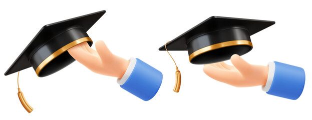 Cute cartoon hand holding or giving black square academic cap or mortarboard. 3d realistic conceptual icon on education theme, congratulations graduation, degree ceremony. Vector illustration