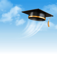 Invitation and congratulations graduates banner, graduate ceremony. Greeting card template with 3d black academic cap thrown up on blue sky background with clouds. Vector illustration