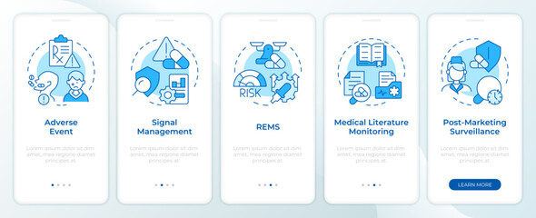 Pharmacovigilance blue onboarding mobile app screen. Walkthrough 5 steps editable graphic instructions with linear concepts. UI, UX, GUI template. Montserrat SemiBold, Regular fonts used