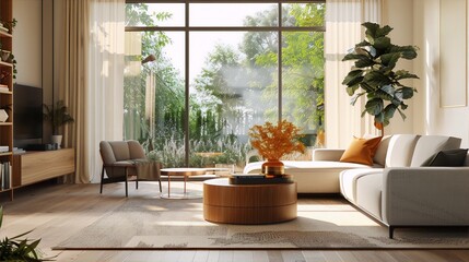 Modern living room beige grey furniture sunlight calmness serenity home design
