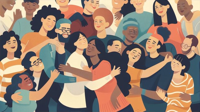 Diverse joyful people embracing warmly peach teal unity inclusion
