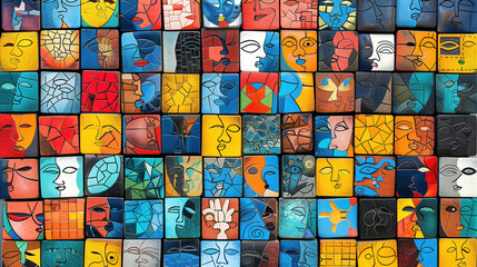 colorful collage of squares with abstract faces