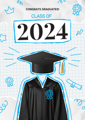Greeting poster of graduation 2024. Vector collage with graduation cap and gown on torn notebook leaf and crumpled paper. Graduation collage for decoration social media, poster, degree ceremony.