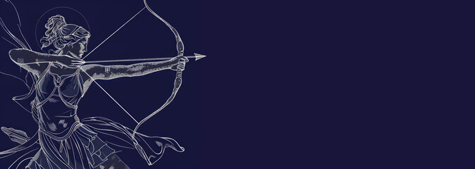 Artemis in Greek religion banner with copy space. the goddess of wild animals, the hunt, vegetation, chastity and childbirth. Artemis was the daughter of Zeus and Leto.