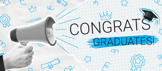 Greeting banner of graduation ceremony. Vector collage with doodles and halftone hand holding loudspeaker. Graduation collage for decoration social media, poster, degree ceremony. - obrazy, fototapety, plakaty