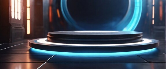 high quality, 8K Ultra HD, photo futuristic portal science fiction podium pedestal platform modern empty cyberpunk podium mockup space background, ultrarealistic, realistic photo, highly detailed